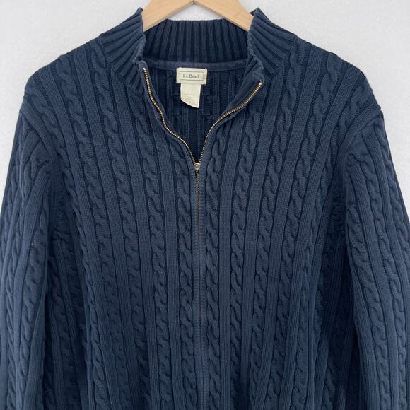LL BEAN Sweater Womens 3X Plus Cable Knit Mock Neck Full Zip Cotton Blue - Picture 4 of 14